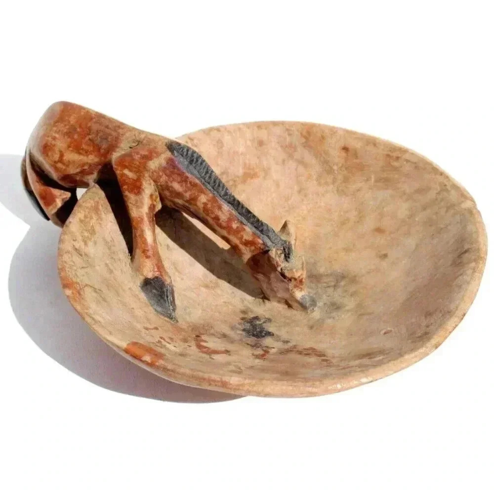 Vintage Antique Hand Carved Giraffe Wood Bowl Africa Folk Art Trinket Dish